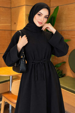 Alternative view of Long-Sleeve French Terry Dress with Waist Tie Black