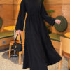 Long-Sleeve French Terry Dress with Waist Tie Black - immagine 3