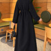 Long-Sleeve French Terry Dress with Waist Tie Black - immagine 4
