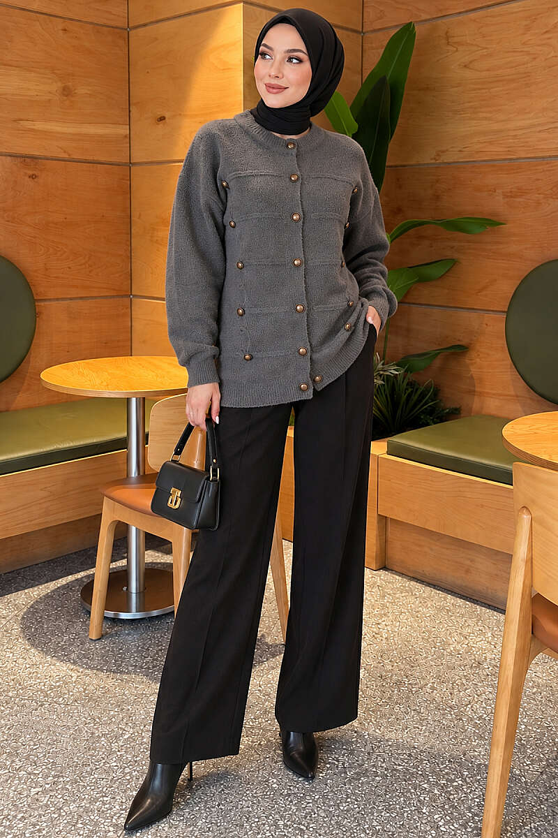 Button-Detailed Bearded Cardigan Smoke - Image 2