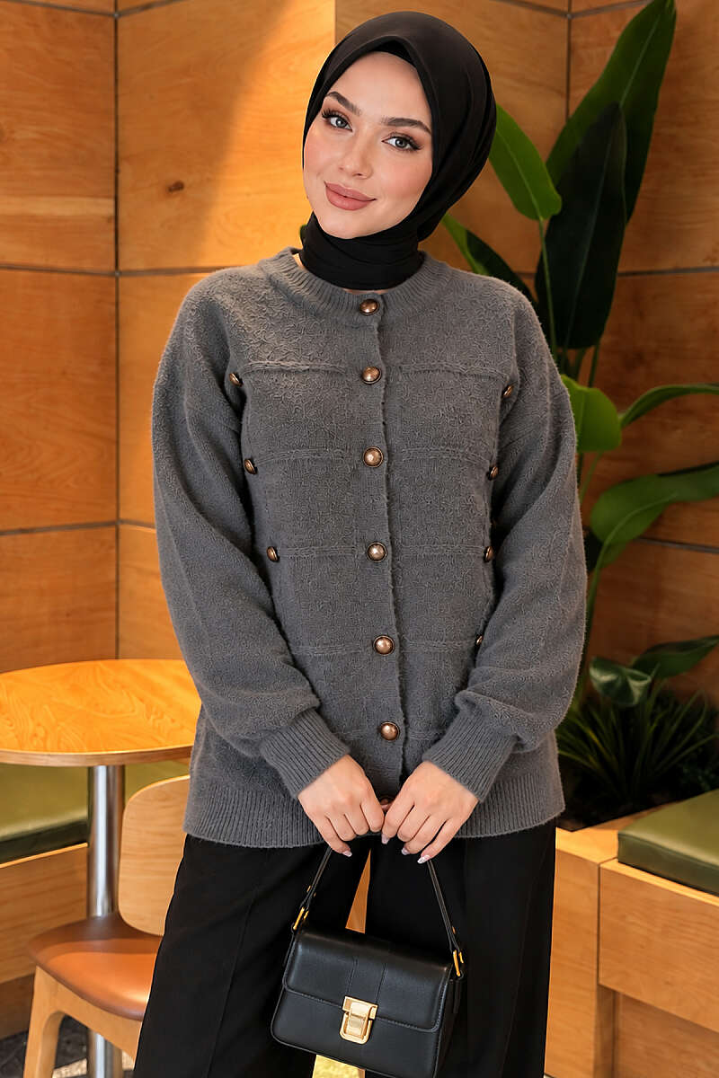 Button-Detailed Bearded Cardigan Smoke - Image 3
