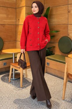 Alternative view of Button-Detailed Bearded Cardigan Red