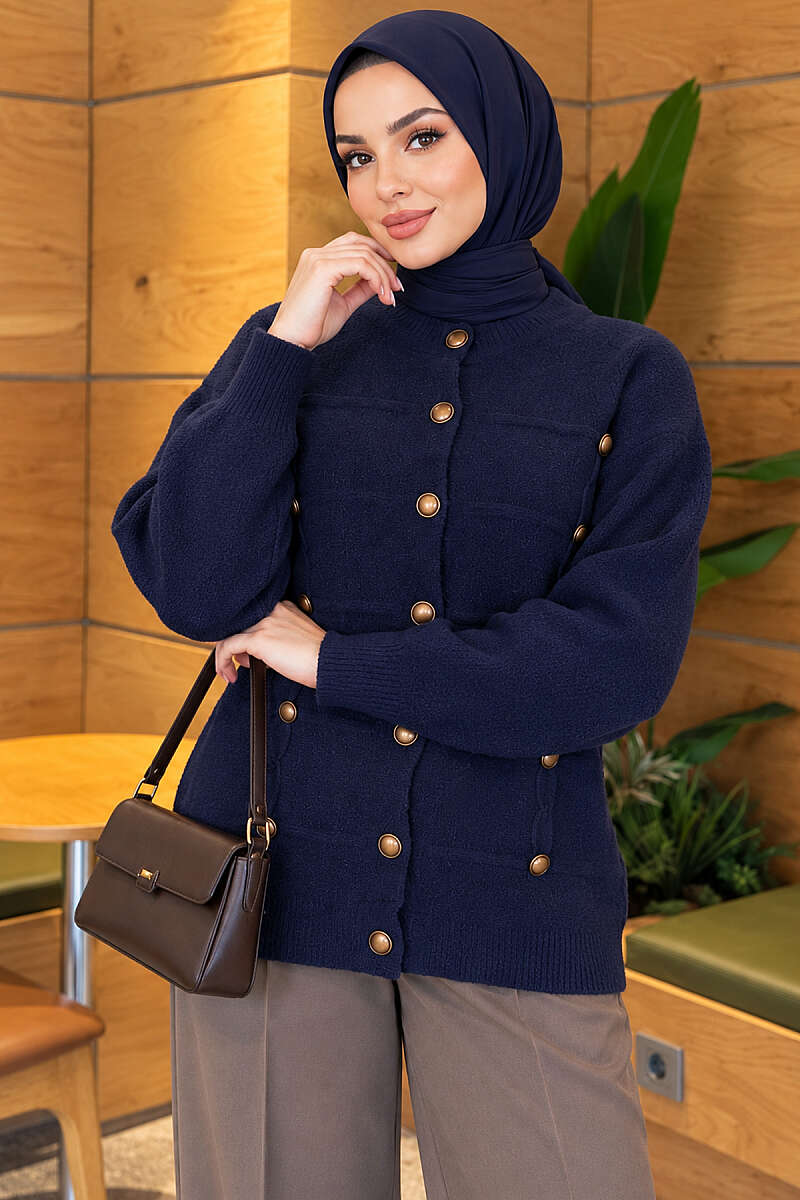 Button-Detailed Bearded Cardigan Navy Blue