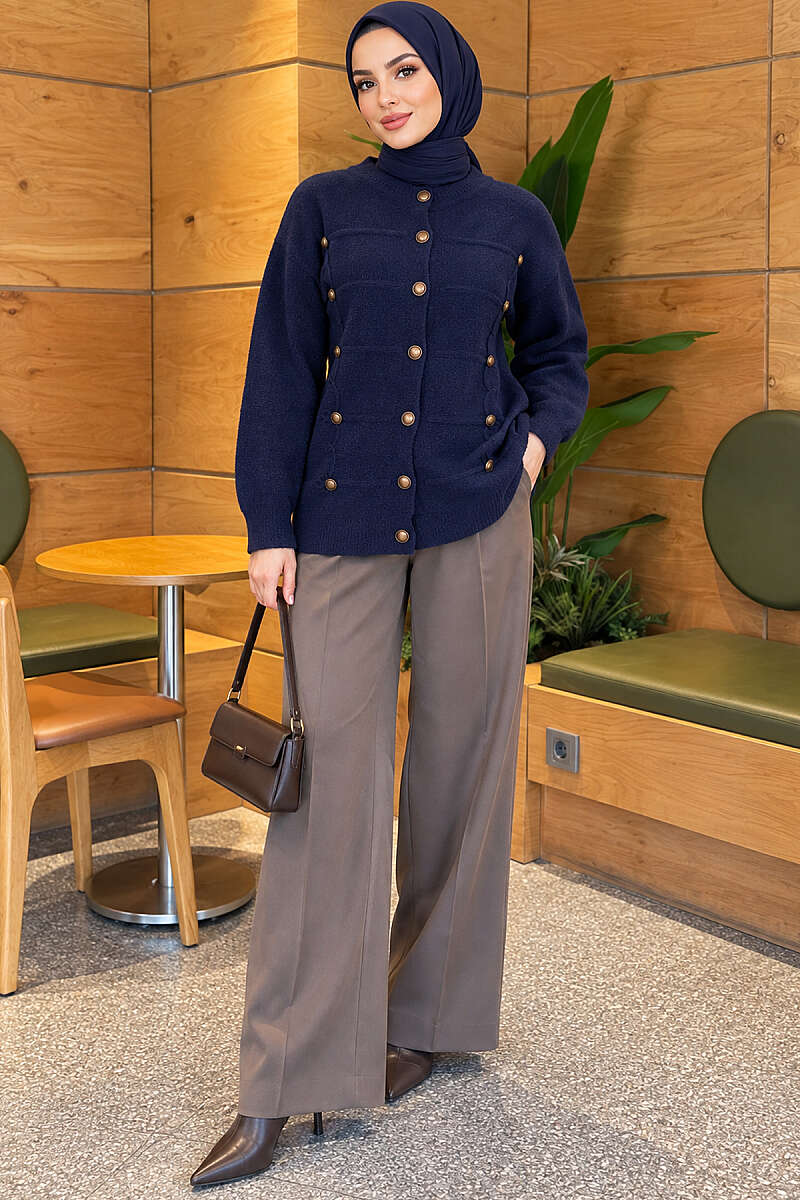 Button-Detailed Bearded Cardigan Navy Blue - Image 2