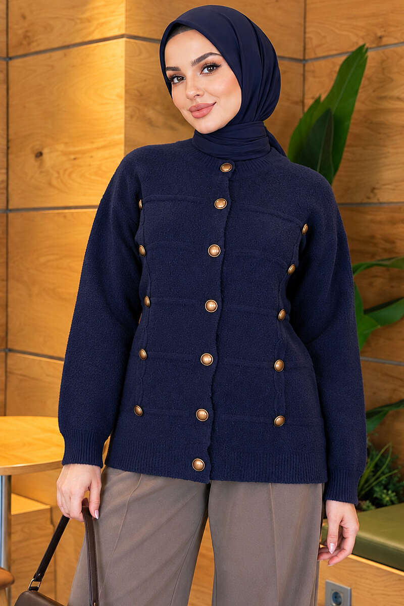 Button-Detailed Bearded Cardigan Navy Blue - Image 3