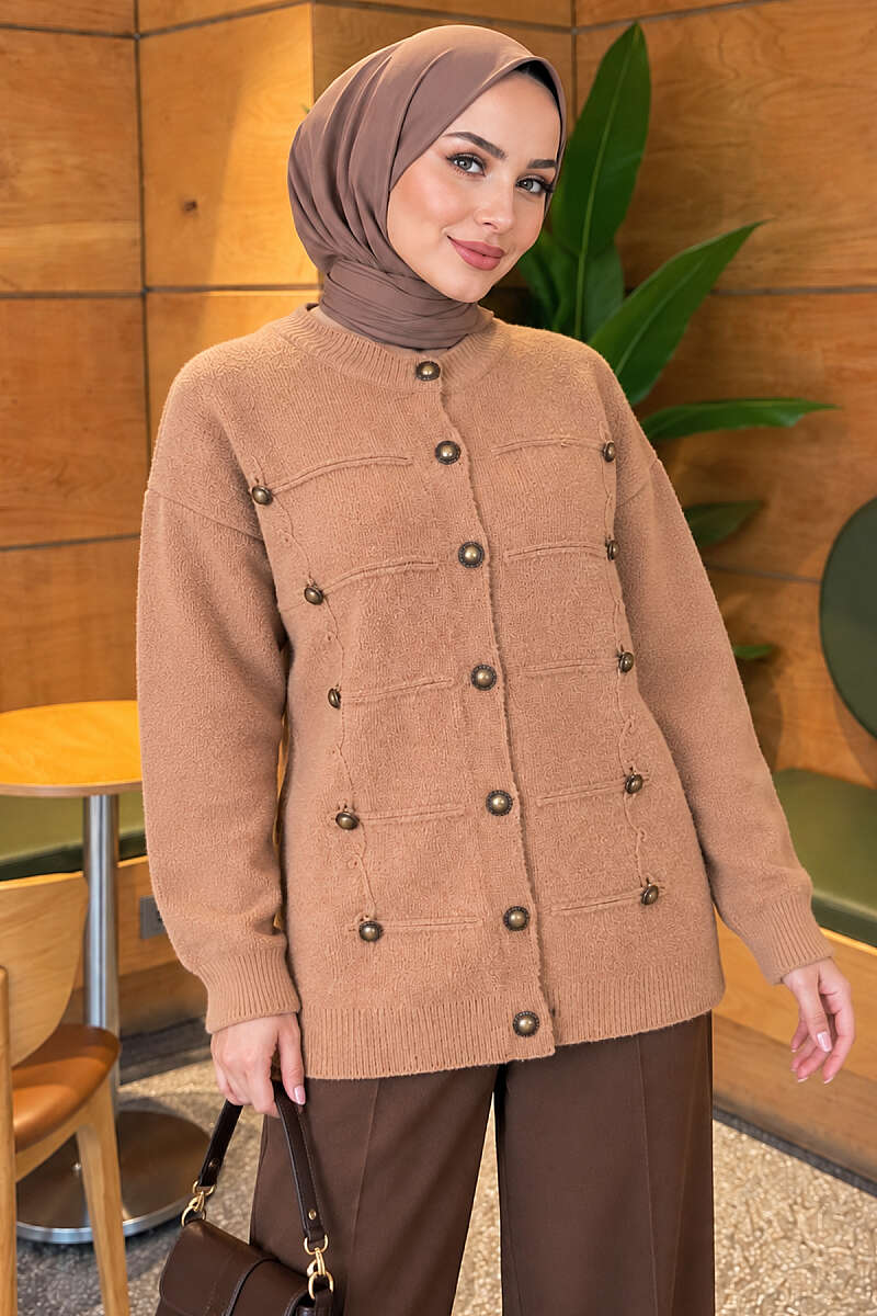 Button-Detailed Bearded Cardigan Latte - Image 3