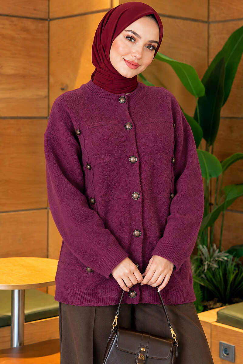 Button-Detailed Bearded Cardigan Plum