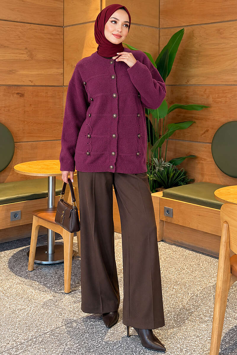 Button-Detailed Bearded Cardigan Plum - Image 2