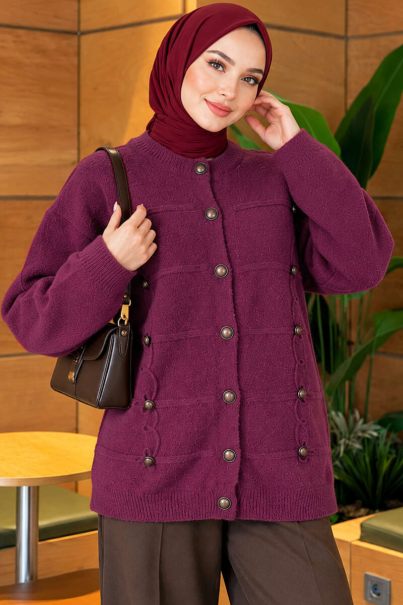 Button-Detailed Bearded Cardigan Plum - Image 3