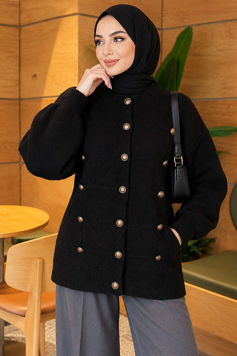 Button-Detailed Bearded Cardigan Black - Image 3