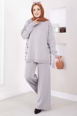 Button-Details Sparkly Knit Two-Piece Set Grey
