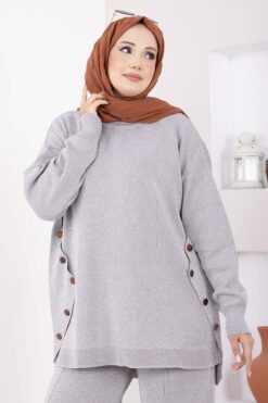 Alternative view of Button-Details Sparkly Knit Two-Piece Set Grey