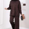 Button-Details Sparkly Knit Two-Piece Set Brown
