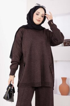Alternative view of Button-Details Sparkly Knit Two-Piece Set Brown