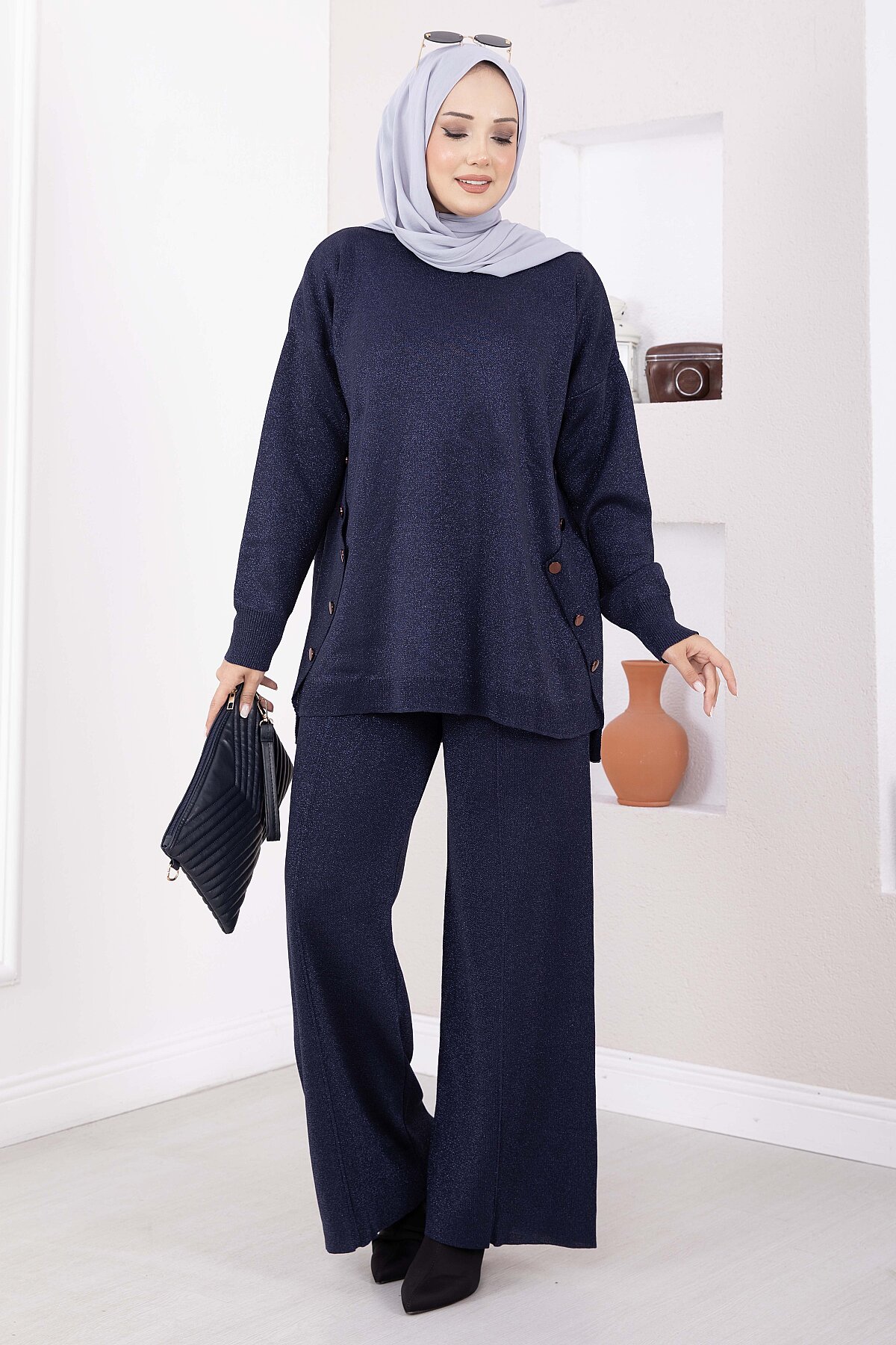 Button-Details Sparkly Knit Two-Piece Set Navy Blue