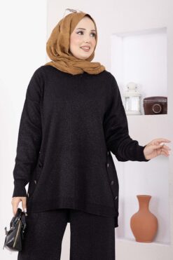 Alternative view of Button-Details Sparkly Knit Two-Piece Set Black