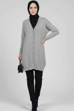 Alternative view of Button-Detail V-Neck Knit Cardigan Grey