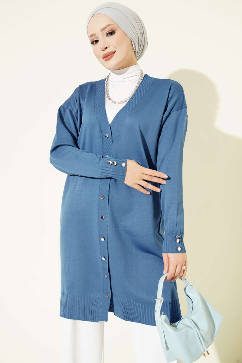 Button-Detail V-Neck Knit Cardigan Indigo