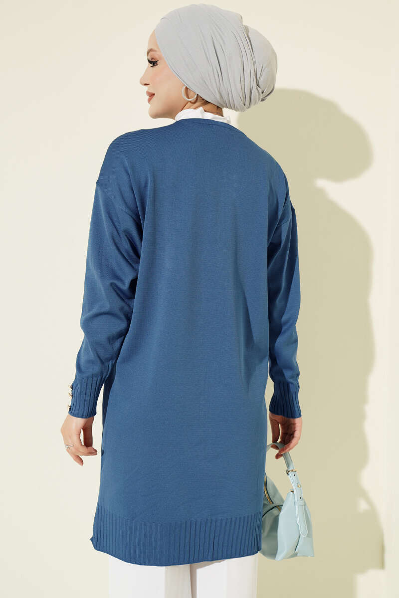Button-Detail V-Neck Knit Cardigan Indigo - الصورة 3