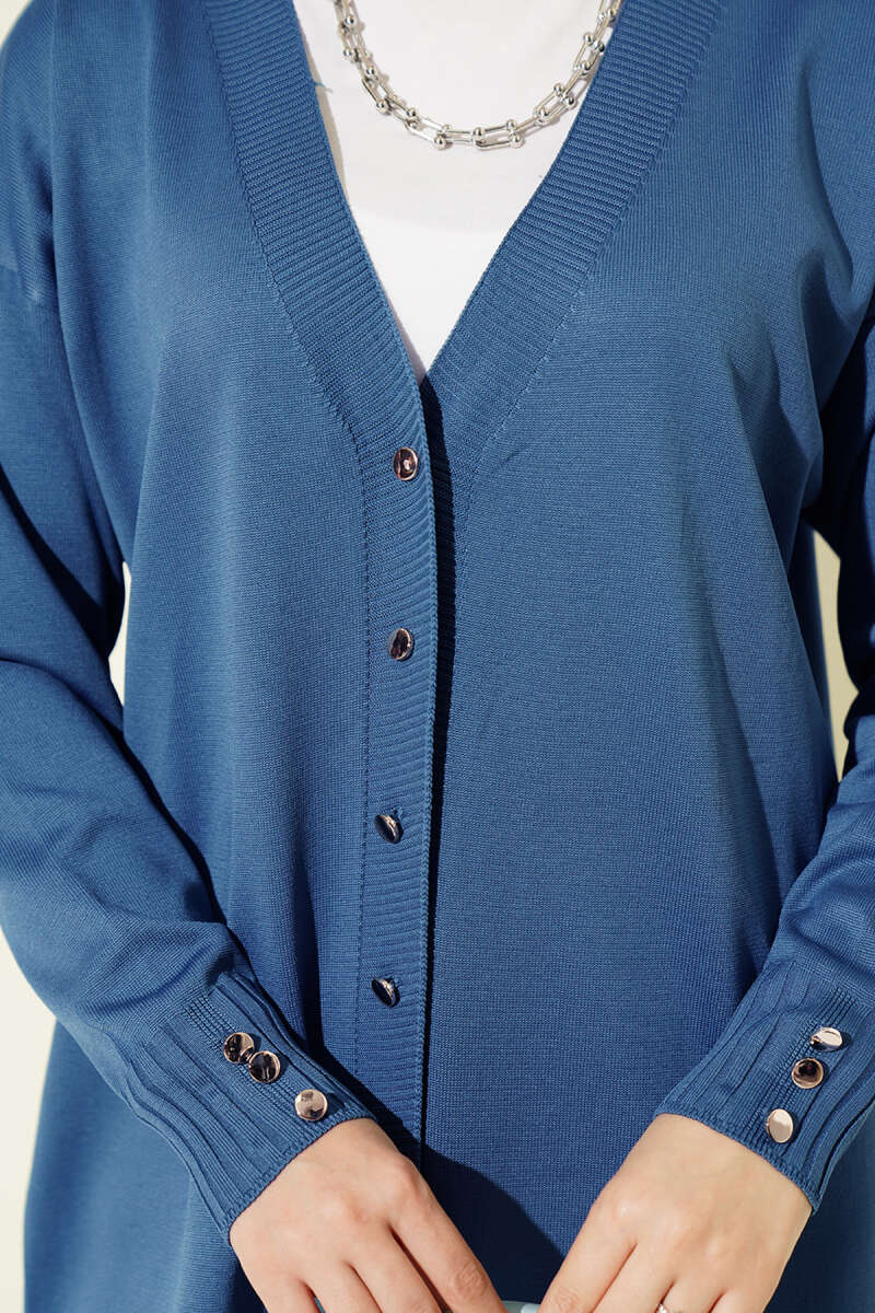 Button-Detail V-Neck Knit Cardigan Indigo - الصورة 4