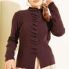 Button-Detail Ruffled Knit Cardigan Dark Brown