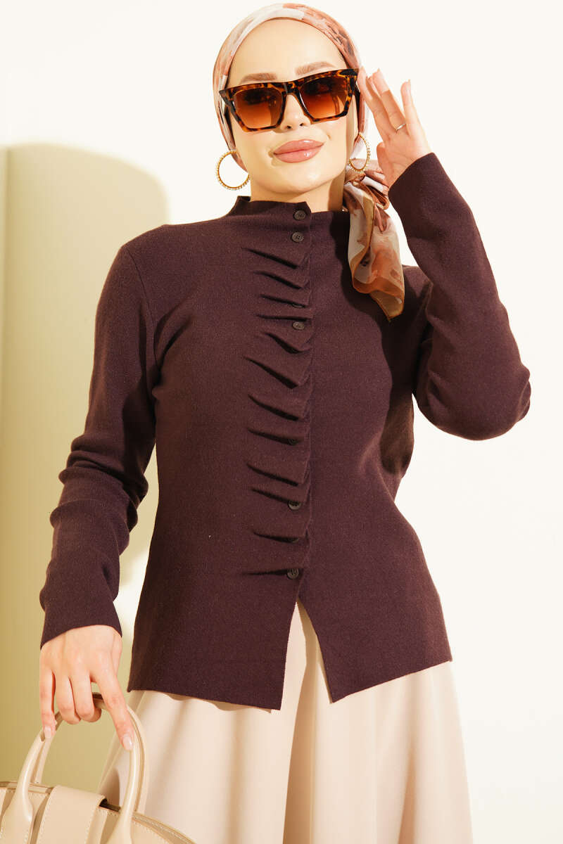 Button-Detail Ruffled Knit Cardigan Dark Brown
