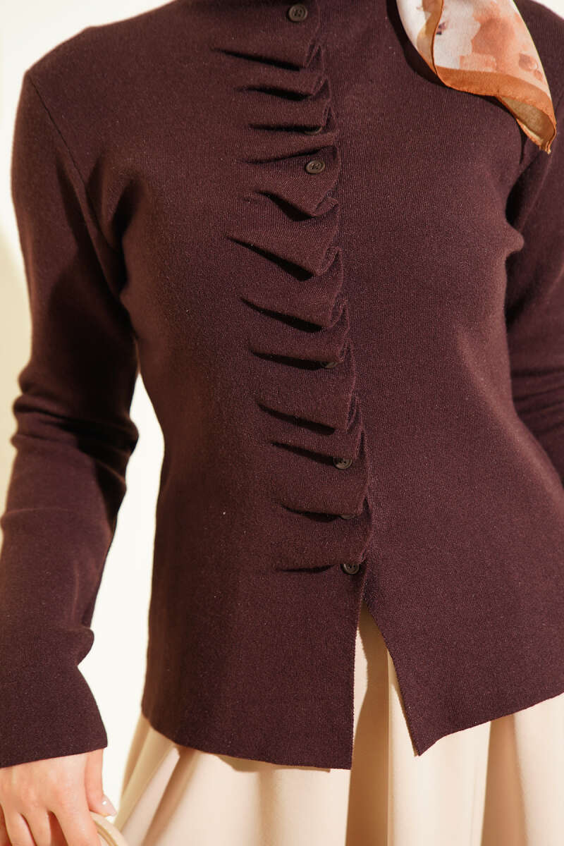 Button-Detail Ruffled Knit Cardigan Dark Brown - Imagen 4