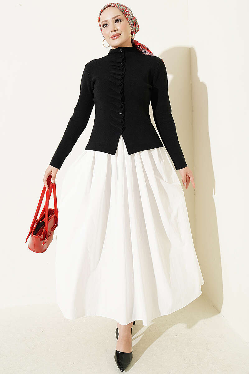 Button-Detail Ruffled Knit Cardigan Black - Imagen 2