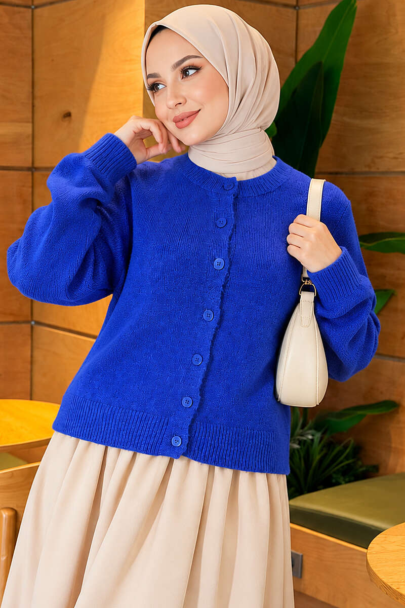 Buttoned Basic Short Knit Cardigan Saxon Blue - Imagen 3