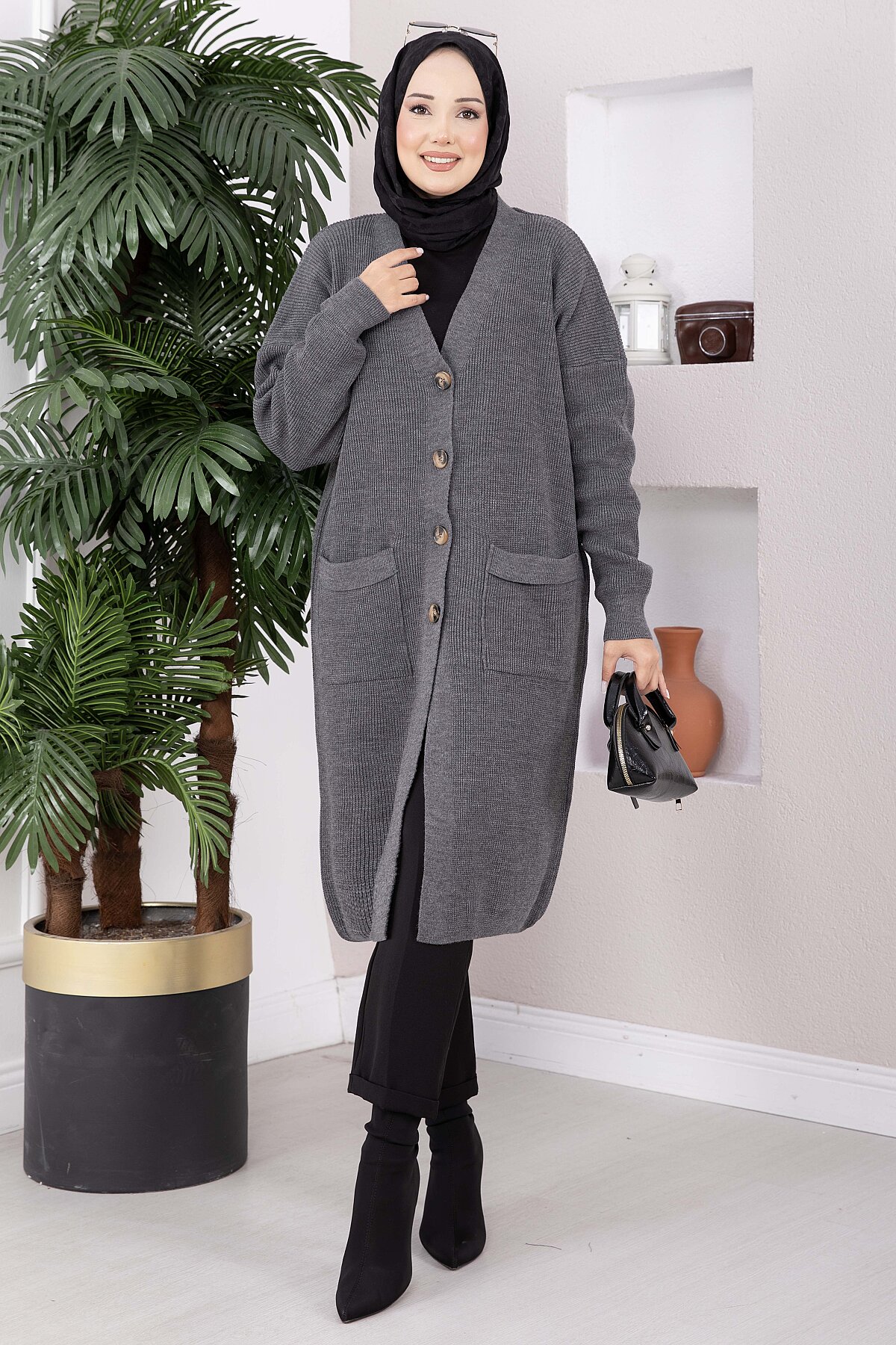 Button-Up Pocket Long Knit Cardigan Anthracite - الصورة 3