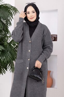 Alternative view of Button-Up Pocket Long Knit Cardigan Anthracite