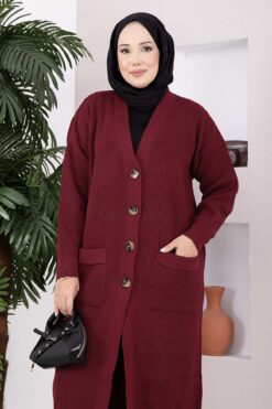 Alternative view of Button-Up Pocket Long Knit Cardigan Burgundy
