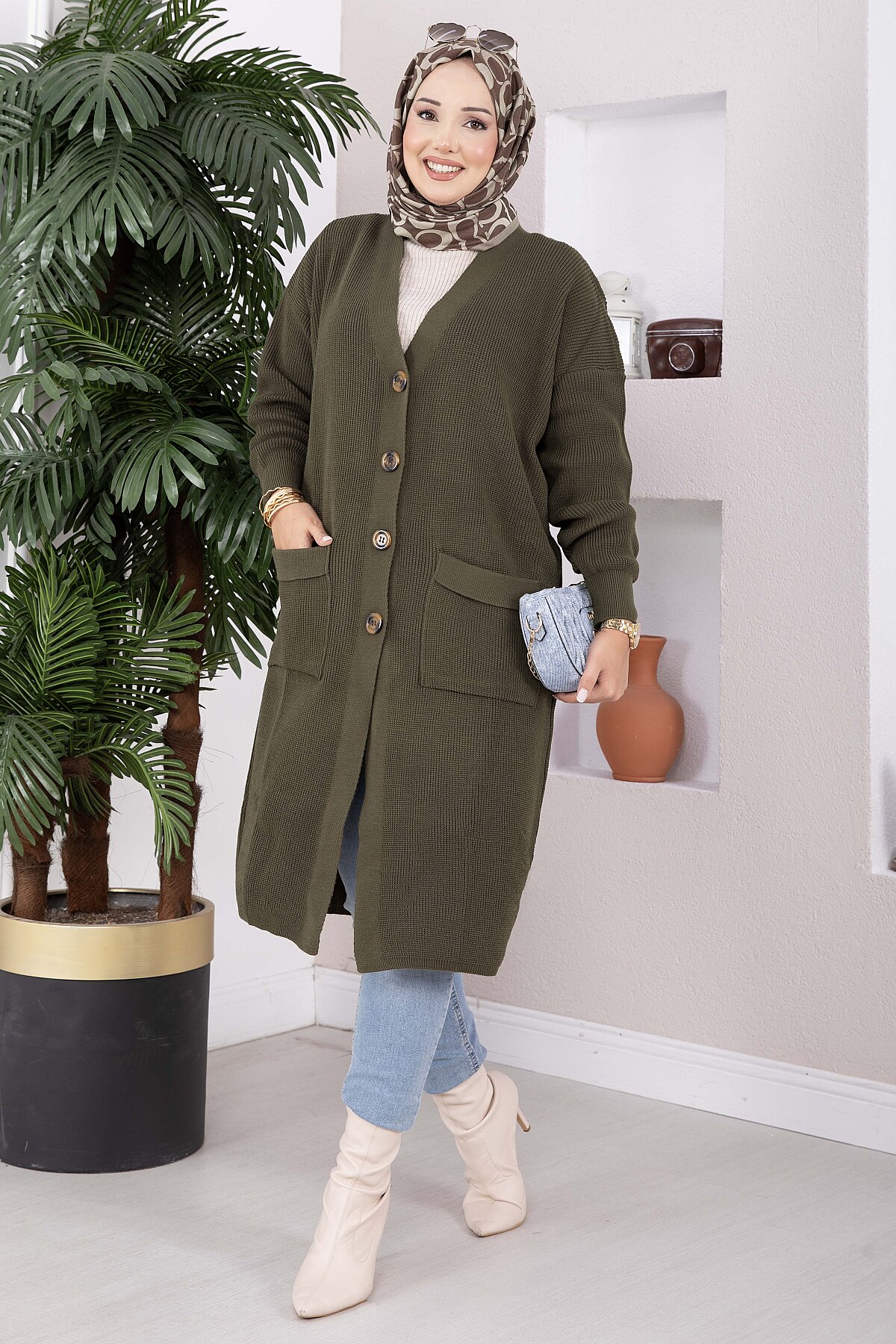 Button-Up Pocket Long Knit Cardigan Khaki - الصورة 3