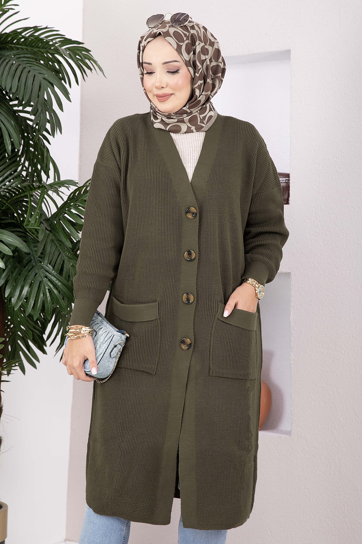 Button-Up Pocket Long Knit Cardigan Khaki - الصورة 2