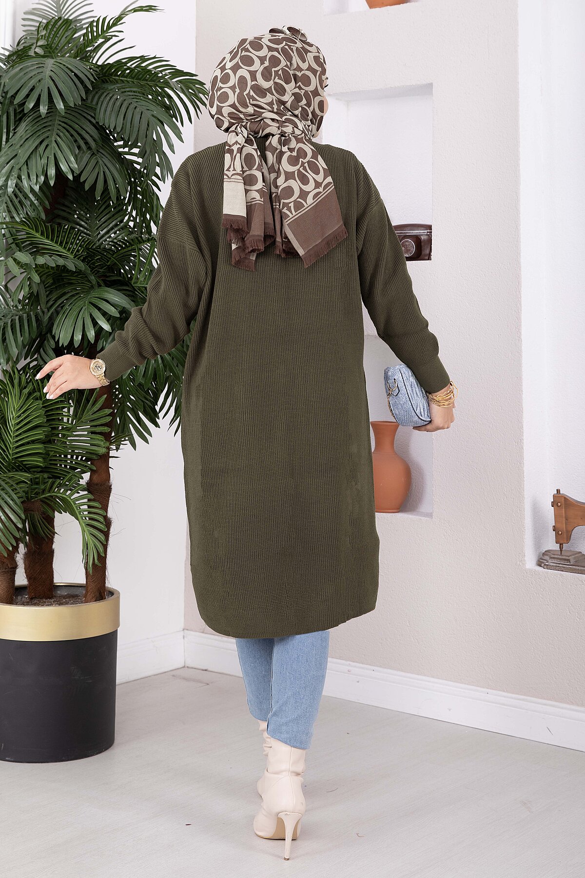 Button-Up Pocket Long Knit Cardigan Khaki - الصورة 4
