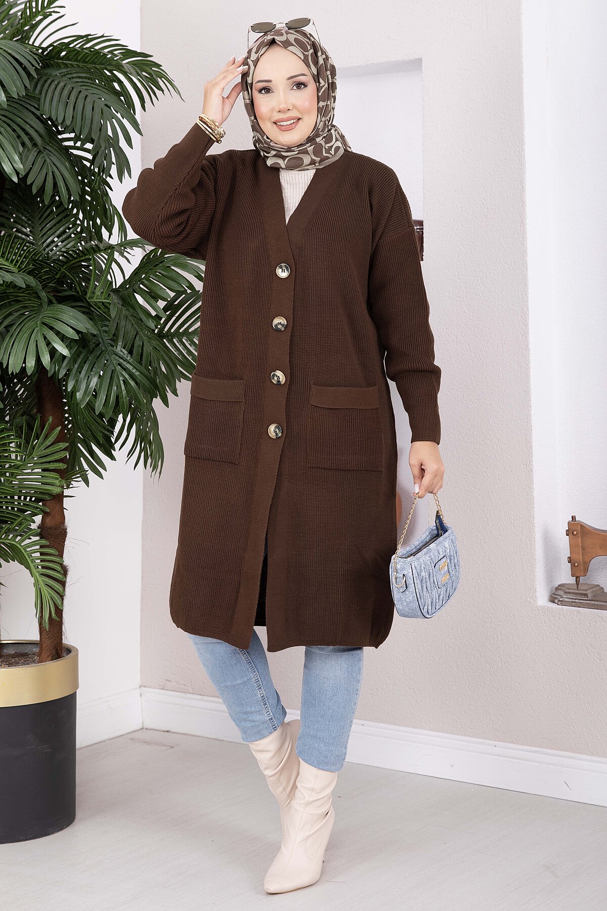 Button-Up Pocket Long Knit Cardigan Brown – Bild 3