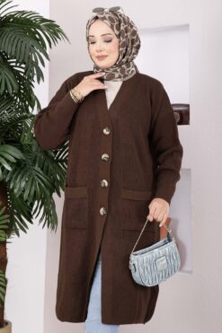 Alternative view of Button-Up Pocket Long Knit Cardigan Brown