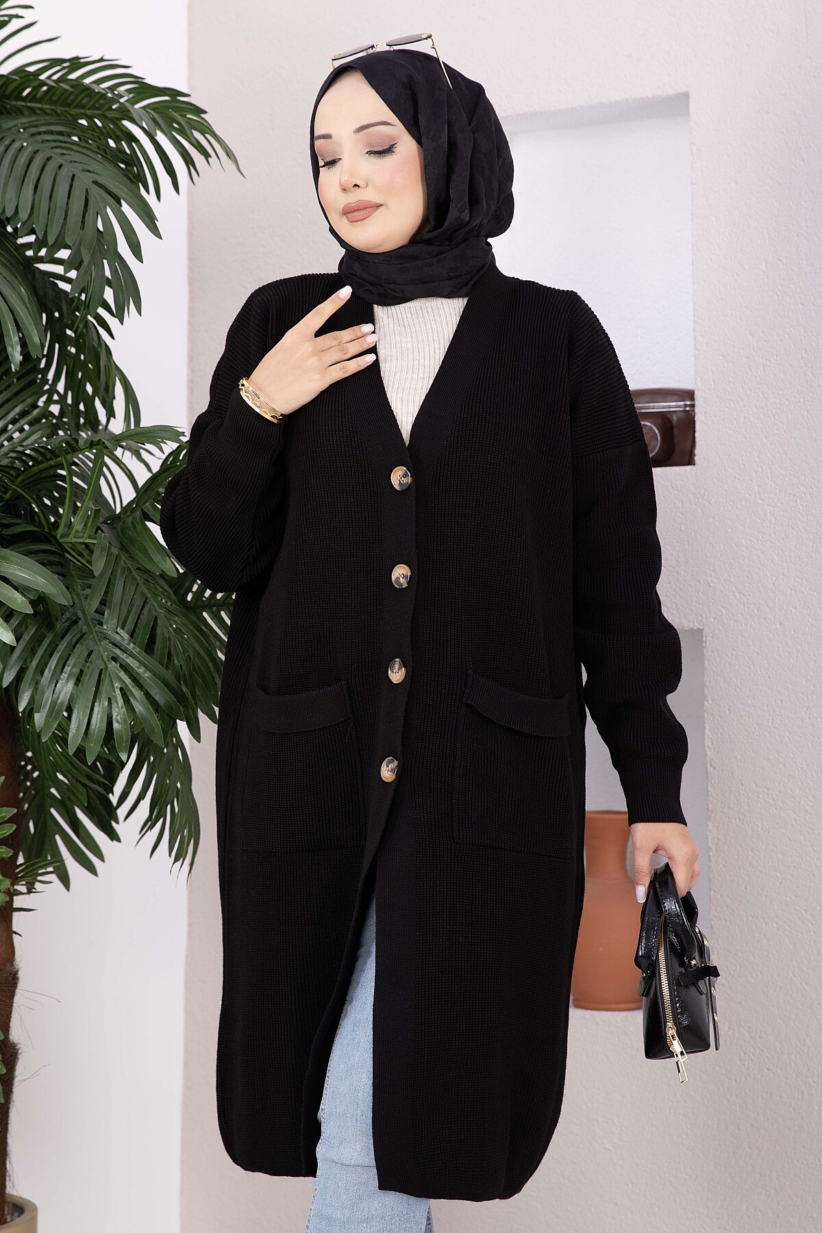 Button-Up Pocket Long Knit Cardigan Black - الصورة 2