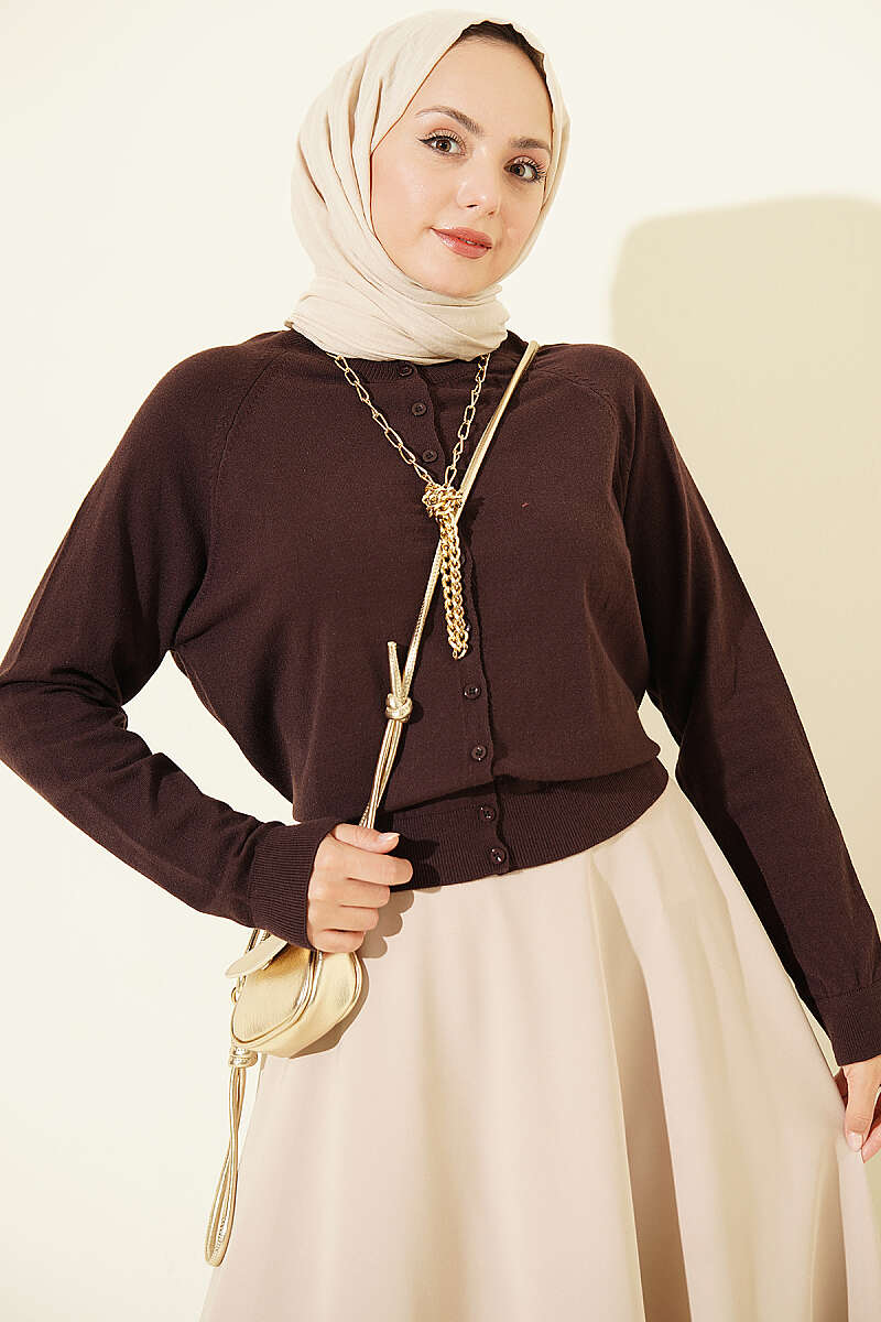 Buttoned Fine Knit Cardigan Dark Brown