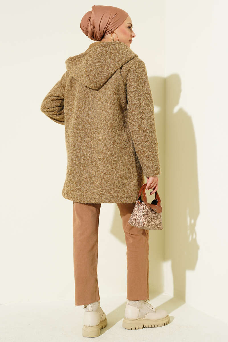 Buttoned Hooded Bouclé Cardigan Mink – Image 3