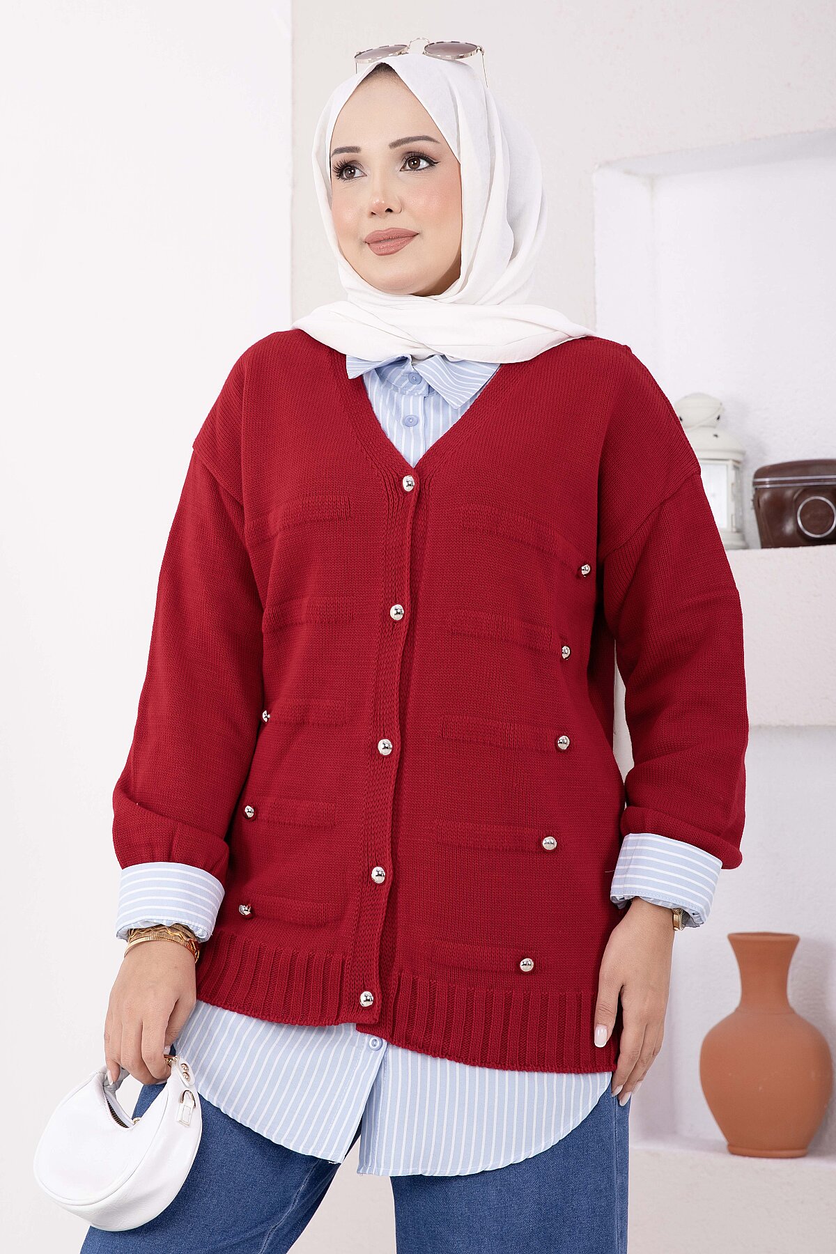 Buttoned Short Knit Cardigan Ecru - Imagen 6