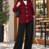 ⁦Textured Button Knit Cardigan Burgundy⁩ - الصورة ⁦2⁩