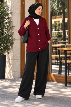 Alternative view of Textured Button Knit Cardigan Burgundy