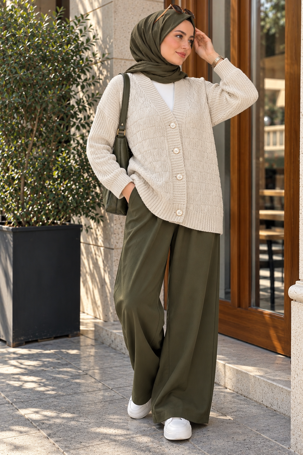 Textured Button Knit Cardigan Ecru