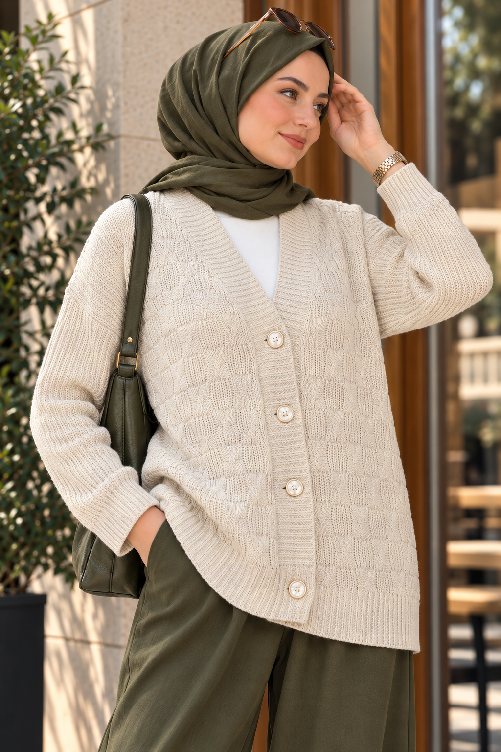 Textured Button Knit Cardigan Ecru – Image 2