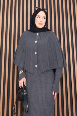 Alternative view of Buttoned Cape & Knit Dress Modest Two-Piece Set Grey