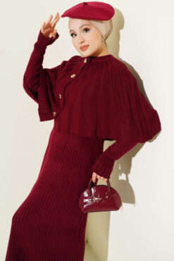 Alternative view of Buttoned Cape Knit Dress Set Burgundy