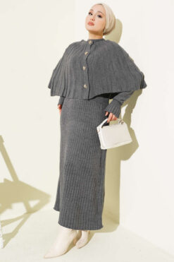 Alternative view of Buttoned Cape Knit Dress Set Smoke