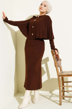 Alternative view of Buttoned Cape Knit Dress Set Brown