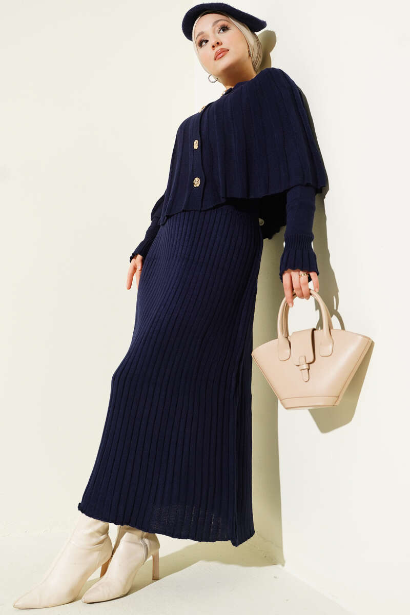 Buttoned Cape Knit Dress Set Navy Blue